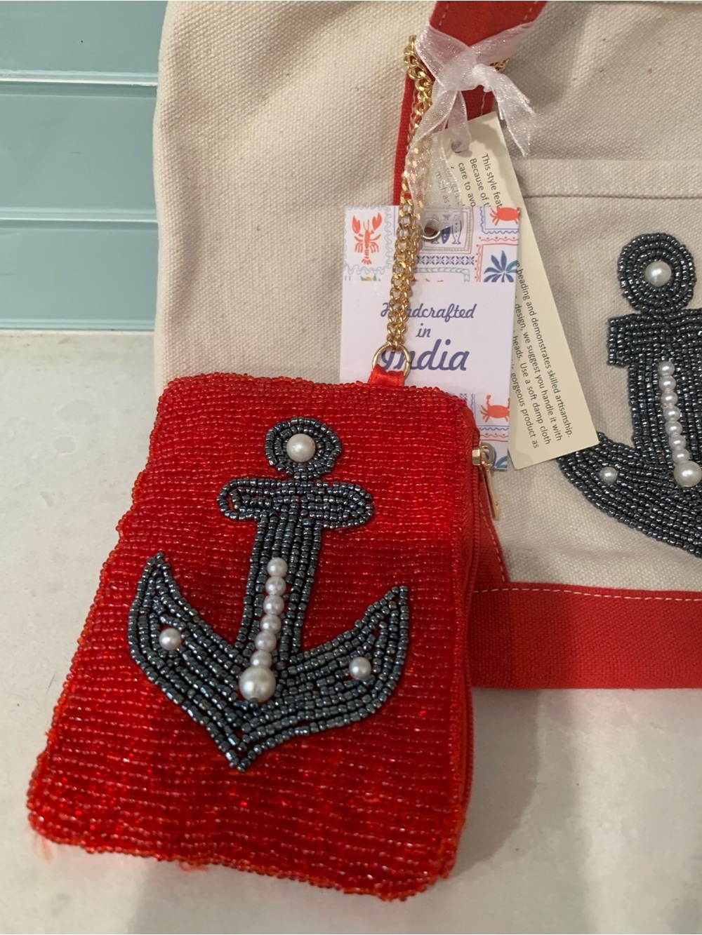 Small Canvas Tote Beaded Nautical Anchor Red Trim and Beaded Chain Pouch NWT - Picture 13 of 14